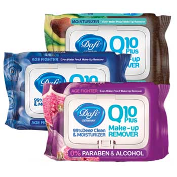 دستمال مرطوب پاک کننده آرایش 50 برگی Q10 میوه ای درب دار دافی