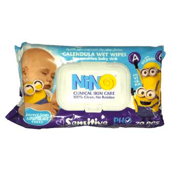 دستمال مرطوب کودک عصاره کالاندولا مناسب پوست حساس مدل مینیون 70 عددی نینو