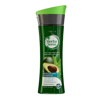شامپو کراتینه رطوبت رسان حاوی ژل آلوئه ورا و روغن آووکادو ( مناسب موهای خشک و دارای موخوره) هربا سنس